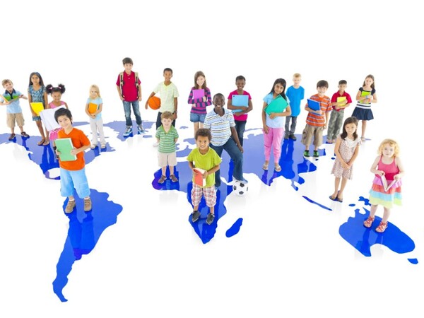 children on top of a world map